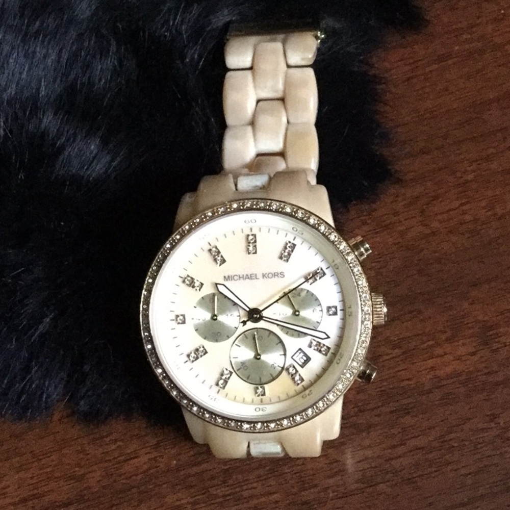 Michael Kors Beige and Gold Crystal-Trim Chronograph Watch
